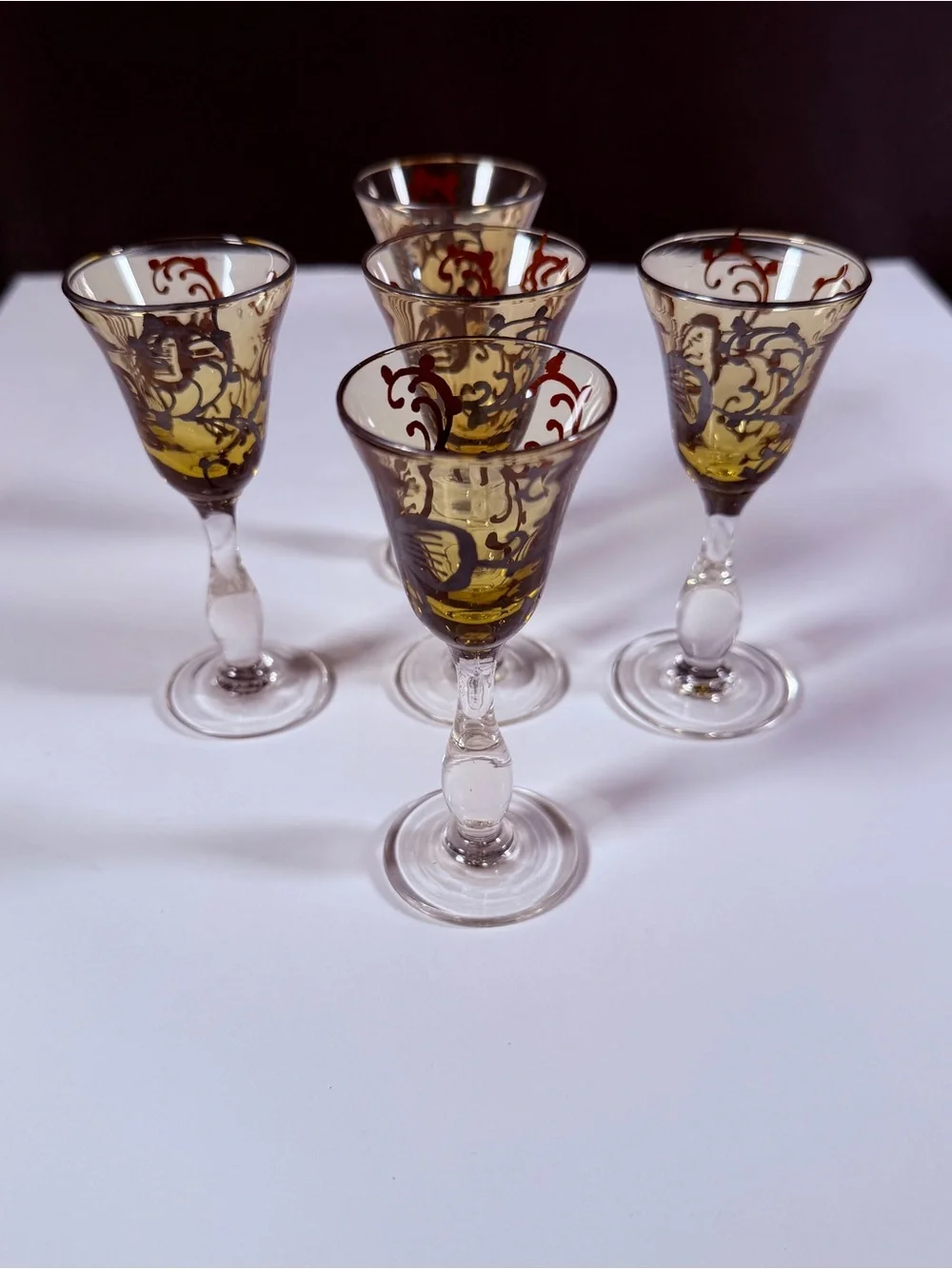 Vintage Bohemian Amber Hand Painted Scroll Design Cordial Glasses, set of 5